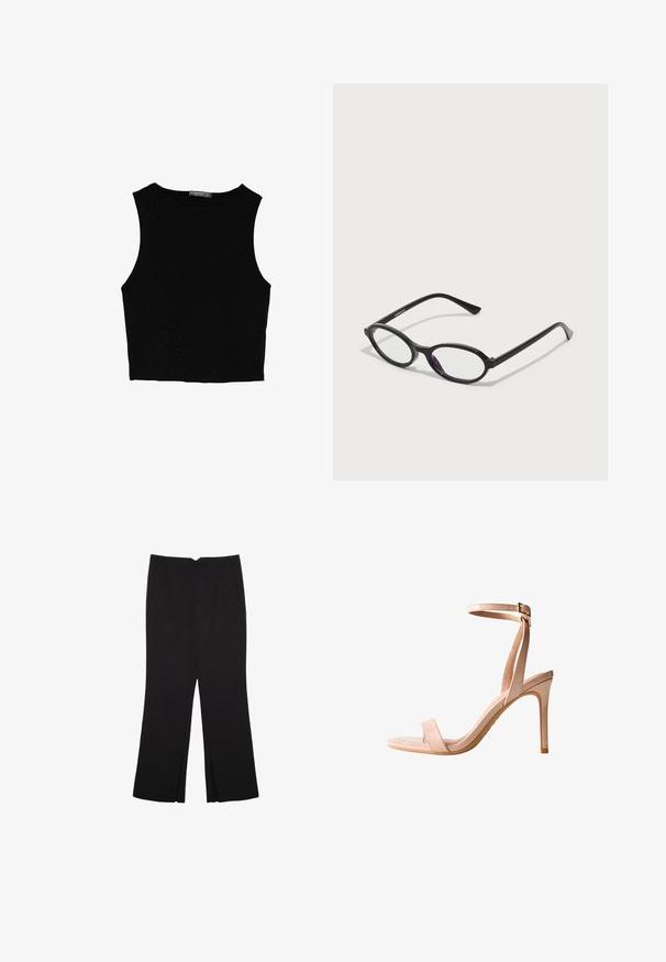 Czarny bezrękawnik crop top z gładkiego materiału, z okrągłym dekoltem i czystym, prostym wzornictwem, bez wzorów czy metalowych elementów.; Czarne spodnie o prostym kroju, z przednimi kieszeniami i bocznymi rozcięciami na dole. Wykonane z miękkiego, gładkiego materiału. Odpowiednie na różne okazje.; Różowe sandały na wysokim obcasie o smukłym designie, z odkrytą palcą, cienkim paskiem na kostkę i gładkim, lakierowanym wykończeniu. Wyróżniają się smukłym obcasem w kształcie szpilki.; Czarne okulary w owalnej oprawie z przezroczystymi fioletowymi akcentami na soczewkach. Oprawki mają matowe wykończenie oraz smukłe, proste zauszniki.