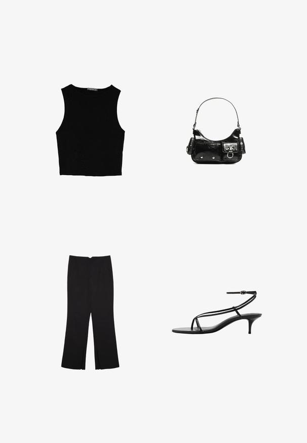 Schwarzes ärmelloses Crop-Top aus glattem Stoff, mit rundem Ausschnitt und einem klaren, schlichten Design ohne Muster oder Beschläge.; Schwarze Hose mit geradem Schnitt, ausgestattet mit Fronttaschen und Seitenschlitzen am Saum. Hergestellt aus weichem, glattem Stoff. Geeignet für verschiedene Anlässe.; Schwarze High Heels Sandalen mit schlanken Riemen, minimalistisches Design, spitze Zehenpartie und kleinem Stiletto-Absatz. Glatte Ledertextur.; Schwarze Lackleder-Handtasche mit geschwungenem Design, einem Schulterriemen, Vordertaschen und silberfarbenen Hardware-Akzenten.