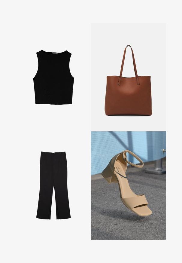 Zwarte mouwloze crop top van soepel materiaal, met een ronde hals en een schone, eenvoudige uitstraling zonder patronen of hardware.; Zwarte broek met een rechte pasvorm, voorzien van zijzakken en plooien aan de onderzijde. Gemaakt van zachte, gladde stof. Geschikt voor verschillende gelegenheden.; Beige blokhak sandaal met een vierkante neus, minimale bandjes en een enkelgesp. Gladde, matte stof tegen een grijze ondergrond.; Bruine leren tote bag met een gladde textuur, een ontwerp met een open bovenkant en twee schouderbanden. Kenmerkt zich door minimale stiksels en geen zichtbare hardware.