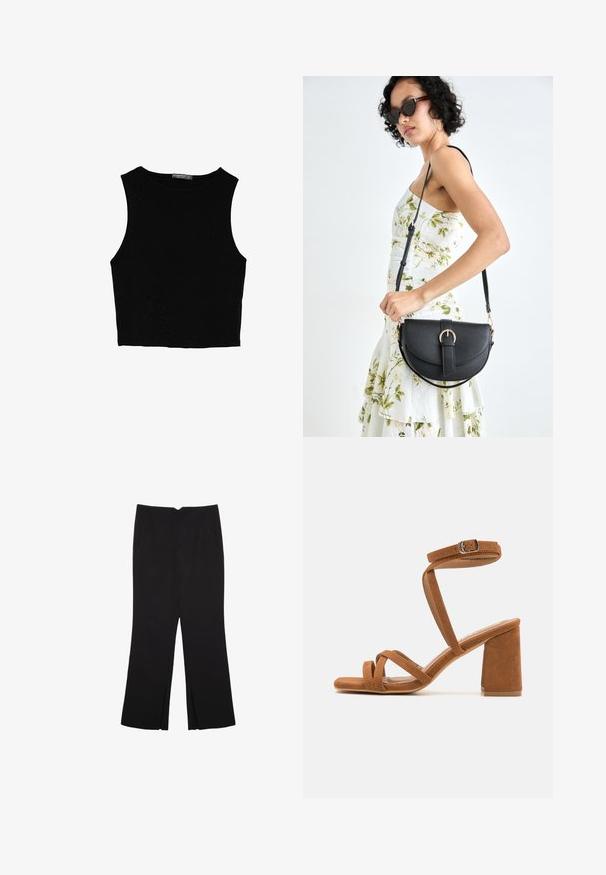 Černý bezsleeve crop top vyrobený z hladké tkaniny, s kulatým výstřihem a čistým, jednoduchým designem bez vzorů nebo kovových doplňků.; Černé kalhoty s rovným střihem, s předními kapsami a bočními rozparky na lemu. Vyrobené z jemné, hladké tkaniny. Vhodné na různé příležitosti.; Hnědé sandály na podpatku z umělé semišové kůže s širokým blokovým podpatkem, několika křížovými popruhy a nastavitelnou přezkou na kotníku. Měkká textura, otevřená špička.; Černá kožená kabelka s křivkovým tvarem, odnímatelným popruhem a zlatými detaily. Kabelka má klopu s přezkou.