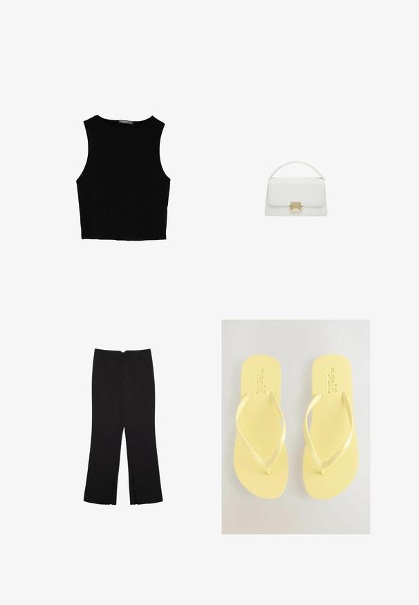Schwarzes ärmelloses Crop-Top aus glattem Stoff, mit rundem Ausschnitt und einem klaren, schlichten Design ohne Muster oder Beschläge.; Schwarze Hose mit geradem Schnitt, ausgestattet mit Fronttaschen und Seitenschlitzen am Saum. Hergestellt aus weichem, glattem Stoff. Geeignet für verschiedene Anlässe.; Gelbe Flip-Flops mit strukturiertem Fußbett und dünnen Riemen. Markenname "self." ist auf der Oberseite geprägt. Einfaches Design und weiches Material.; Weiße Lederhandtasche mit strukturiertem Design, ausgestattet mit einem oberen Griff und einem goldfarbenen Verschluss. Glatte Textur und minimalistische Akzente.