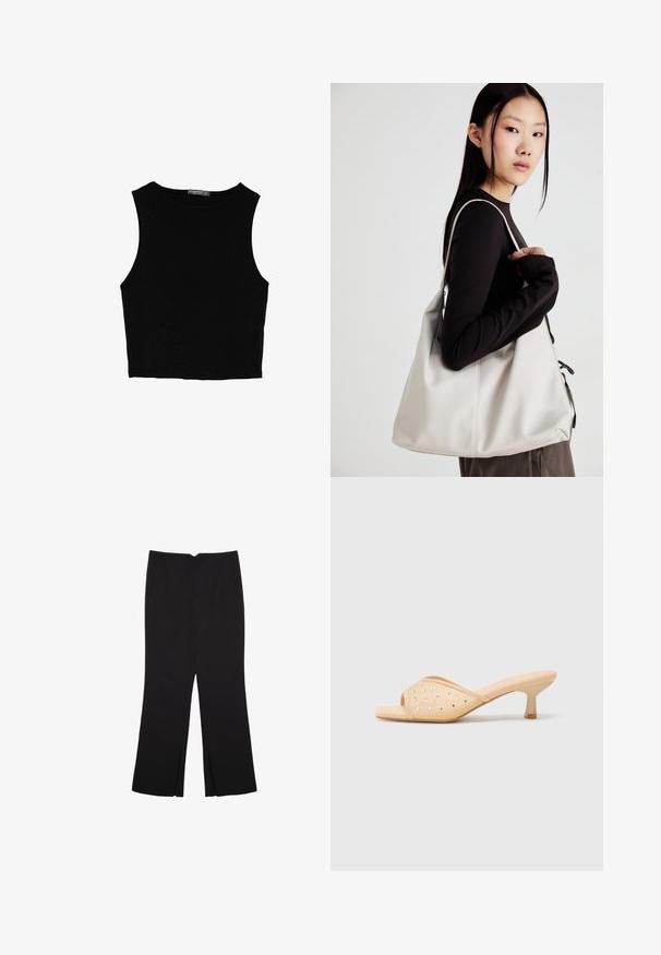 Top court sans manches noir en tissu lisse, avec un col rond et un design épuré, simple, sans motifs ni accessoires.; Pantalon noir avec une coupe droite, doté de poches avant et d'éclairs sur l'ourlet. Fabriqué en tissu doux et lisse. Convient à diverses occasions.; Mules à talons ouverts beige avec une finition matte lisse, ornés de strass transparents disposés en motif sur le dessus.; Sac à main beige en matériau souple, avec un design décontracté, des détails cousus et deux poignées. Idéal pour un usage quotidien.