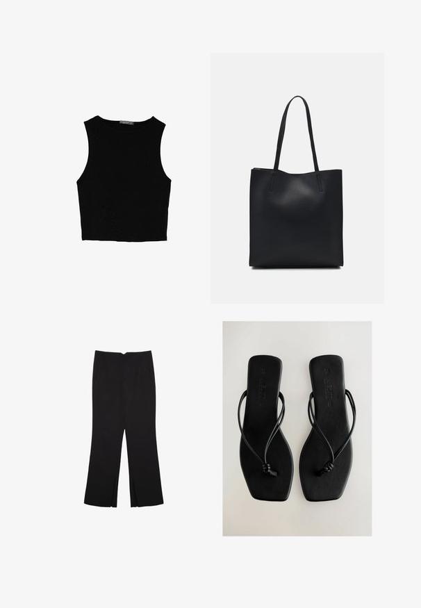 Musta hihaton crop-top, joka on valmistettu sileästä kankaasta, jossa on pyöreä kaula-aukko ja siisti, yksinkertainen muotoilu ilman kuvioita tai varusteita.; Mustat housut suoralinjaisella leikkauksella, joissa on etutaskut ja sivurei'ät helman alla. Valmistettu pehmeästä ja sileästä kankaasta. Sopii eri tilaisuuksiin.; Mustat litteät sandaalit ohuilla remmeillä, suorakulmaisella pohjalla ja sileällä pinnalla. Sisältää solmittuja remmikoristeita ja kohokuvioitua brändäystä.; Mustapahkainen kangaskassi, jossa on sileä pinta, suorakaiteen muotoinen ja kaksi pitkää kahvaa. Ei näkyvää metalliosaa tai koristeita.