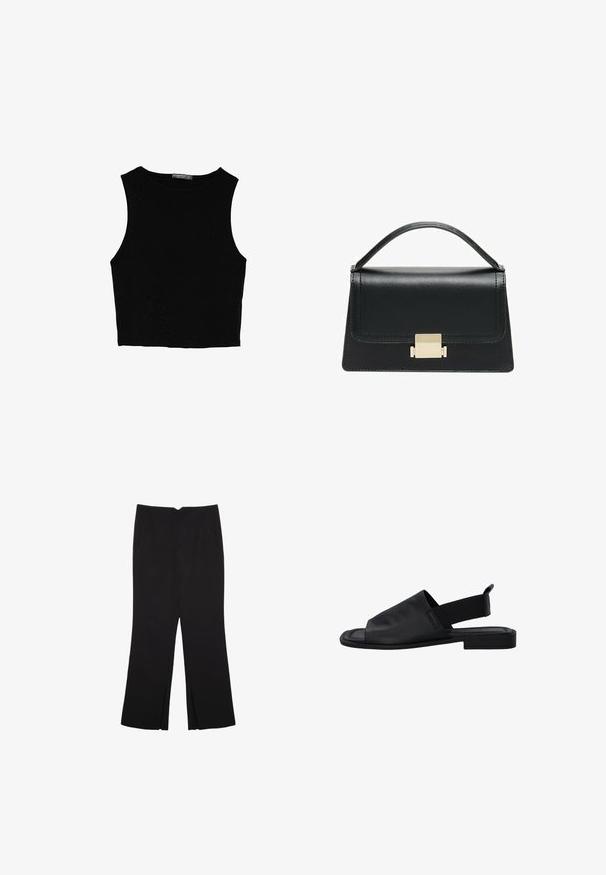 Schwarzes ärmelloses Crop-Top aus glattem Stoff, mit rundem Ausschnitt und einem klaren, schlichten Design ohne Muster oder Beschläge.; Schwarze Hose mit geradem Schnitt, ausgestattet mit Fronttaschen und Seitenschlitzen am Saum. Hergestellt aus weichem, glattem Stoff. Geeignet für verschiedene Anlässe.; Schwarze Leder-Slingback-Sandale mit einem elastischen Band, offener Zehenpartie und flacher Sohle. Sie zeichnet sich durch eine glatte Textur und ein minimalistisches Design aus.; Schwarze Lederhandtasche mit strukturiertem Design, oberem Griff und einem goldenen Metallschnappverschluss auf der Vorderseite. Glatte Textur, minimale Nähte.