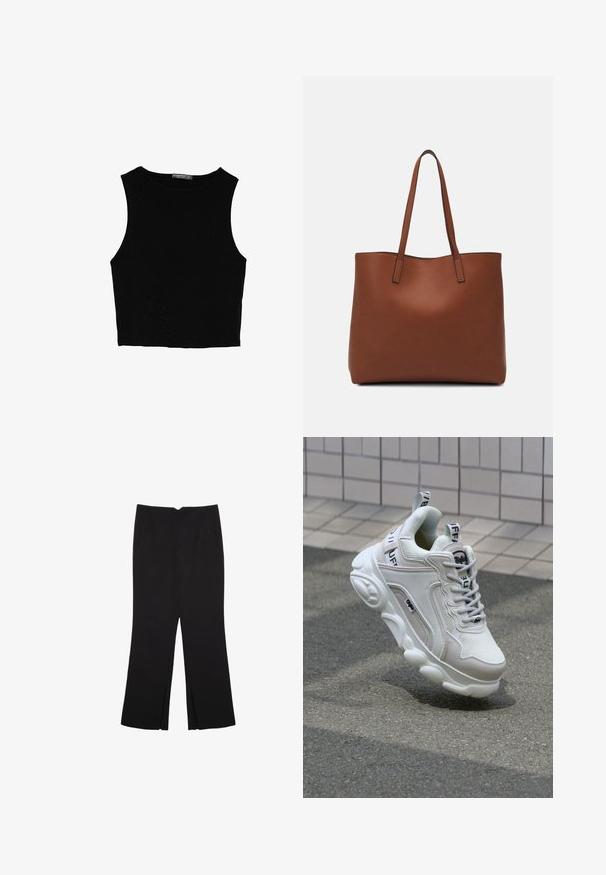 Musta hihaton crop-top, joka on valmistettu sileästä kankaasta, jossa on pyöreä kaula-aukko ja siisti, yksinkertainen muotoilu ilman kuvioita tai varusteita.; Mustat housut suoralinjaisella leikkauksella, joissa on etutaskut ja sivurei'ät helman alla. Valmistettu pehmeästä ja sileästä kankaasta. Sopii eri tilaisuuksiin.; Valkoiset tennarit, joissa on verkko- ja nahkamateriaaleja, pyöreä kärki, paksu pohja, erottuvat nauhat sekä brändäys kantapäässä ja kielessä.; Ruskea nahkainen olkalaukku, jossa on sileä pinta, avoin yläosa ja kaksi olkahihnaa. Omaavat vain minimaalisen ompelun eikä näkyvää metalliosaa.
