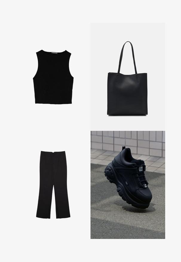 Czarny bezrękawnik crop top z gładkiego materiału, z okrągłym dekoltem i czystym, prostym wzornictwem, bez wzorów czy metalowych elementów.; Czarne spodnie o prostym kroju, z przednimi kieszeniami i bocznymi rozcięciami na dole. Wykonane z miękkiego, gładkiego materiału. Odpowiednie na różne okazje.; Czarne, masywne sneakersy z gładkiej skóry, z sznurowanym przodem, wyściełaną podeszwą i wytłoczonym logo z boku. Widoczna teksturowana podeszwa.; Czarna skórzana torba tote o gładkiej fakturze, prostokątnym kształcie i dwóch długich uchwytach. Brak widocznych elementów metalowych i ozdób.