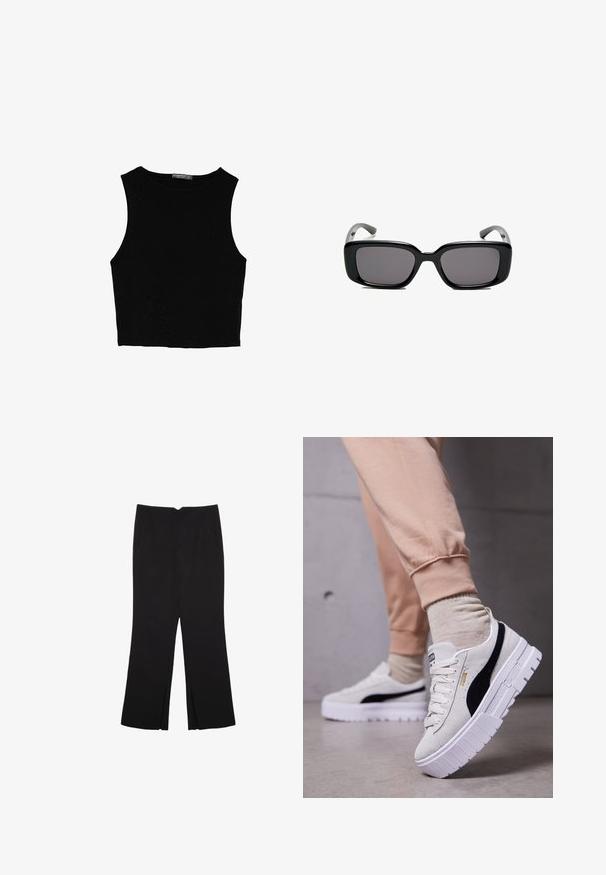 Čierny bezrukávový crop top vyrobený z hladkej tkaniny, so zaobleným výstrihom a čistým, jednoduchým dizajnom bez vzorov alebo kovania.; Čierne nohavice so strihom rovného strihu, s prednými vreckami a bočnými rozparkami na leme. Vyrobené z mäkkej, hladkej tkaniny. Vhodné na rôzne príležitosti.; Biele semišové tenisky s čiernym bočným pruhom a zlatým brandingom, s hrubou bielou podrážkou a textúrovaným povrchom. Nosené s svetlo béžovými joggermi.; Čierne obdĺžnikové slnečné okuliare s tmavými sklami, hladkým plastovým rámom a zakrivenými stranami. Dizajn je robustný s minimalistickou estetikou.