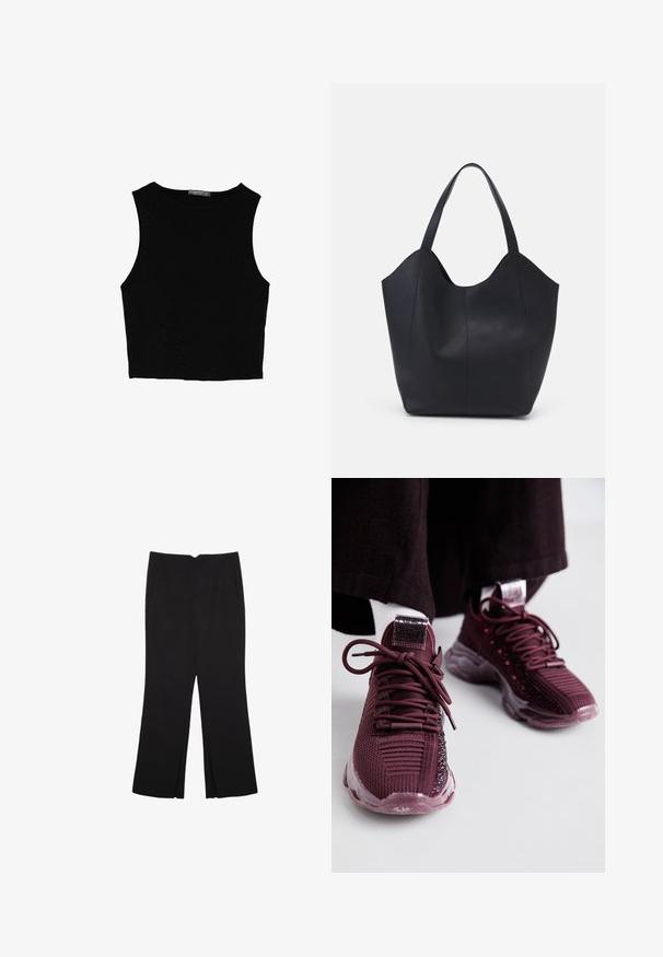 Sort ærmeløs crop top lavet af glat stof, med rund hals og et rent, enkelt design uden mønstre eller hardware.; Sorte bukser med lige pasform, der har frontlommer og slidser i kanten. Lavet af blødt, glat stof. Velegnet til forskellige anledninger.; Burgunderfarvede sportssko med mesh-overdel, struktureret detaljering, runde snørebånd og klar gummisål; har et logo på tungen og hælen.; Sort tote taske lavet af glat læder, med en buet, åben top, to skulderstropper og et minimalistisk design.