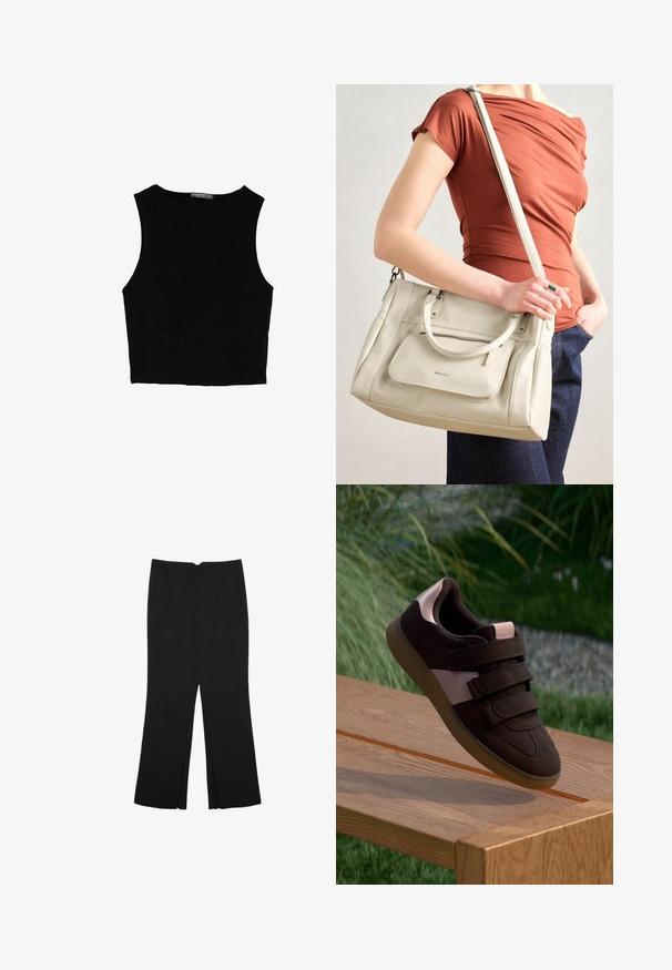 Čierny bezrukávový crop top vyrobený z hladkej tkaniny, so zaobleným výstrihom a čistým, jednoduchým dizajnom bez vzorov alebo kovania.; Čierne nohavice so strihom rovného strihu, s prednými vreckami a bočnými rozparkami na leme. Vyrobené z mäkkej, hladkej tkaniny. Vhodné na rôzne príležitosti.; Hnedé semišové tenisky s ružovým akcentovým pruhom, vybavené tromi suchými zipsami a textúrovanou gumovou podrážkou, umiestnené na drevenom povrchu.; Biela kožená kabelka s dvojitými uchami a odnímateľným popruhom, obsahujúca prednú zipovú kapsu a hladkú textúru. Nesie sa na ramene osoby.