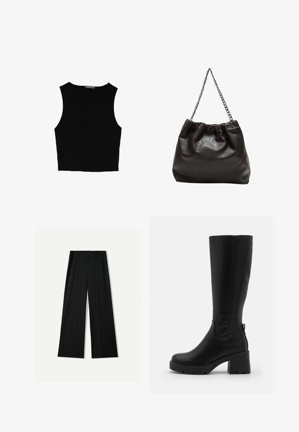 Čierny bezrukávový crop top vyrobený z hladkej tkaniny, so zaobleným výstrihom a čistým, jednoduchým dizajnom bez vzorov alebo kovania.; Bershka WIDE - Nohavice - black; Even&Odd Čižmy na platforme - black; Hnedá kožená taška so zberaným vrchom a reťazovým popruhom. Hladký povrch s lesklým finišom a jemným švom po stranách.