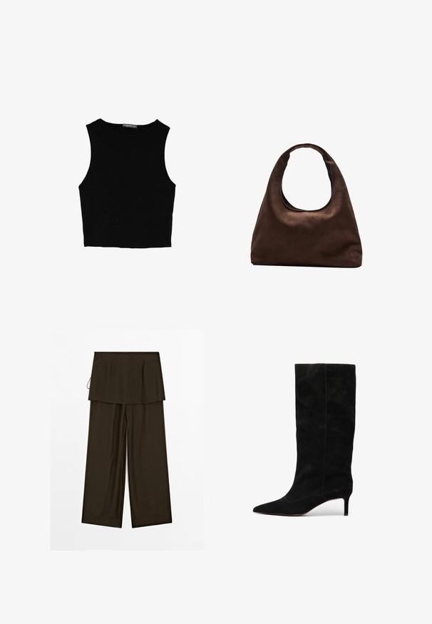 Top court sans manches noir en tissu lisse, avec un col rond et un design épuré, simple, sans motifs ni accessoires.; Pantalons larges en tissu marron foncé avec un design de taille superposée. Texture lisse, lignes épurées et coupe décontractée. Pas de quincaillerie visible.; Botte en daim noir montante avec un bout pointu et un talon stiletto mince. Présente des coutures minimales et une texture lisse sur toute sa surface.; Sac à main en toile marron doux de style hobo avec une large sangle unique et une ouverture en haut arrondie, présenté sur un fond blanc.