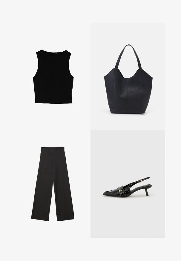 Sort ærmeløs crop top lavet af glat stof, med rund hals og et rent, enkelt design uden mønstre eller hardware.; Sorte brede bukser med høj elastisk talje, blødt stof og løs pasform, velegnede til afslappet tøj eller uformelle anledninger.; Sorte spidse slingback hæle med krokodilleskind, slank hæl og en dekorativ guldspænde detalje på remmen.; Sort tote taske lavet af glat læder, med en buet, åben top, to skulderstropper og et minimalistisk design.