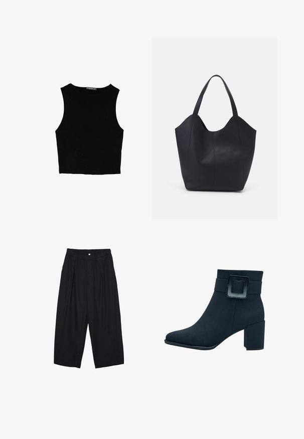 Černý bezsleeve crop top vyrobený z hladké tkaniny, s kulatým výstřihem a čistým, jednoduchým designem bez vzorů nebo kovových doplňků.; Černé polyesterové culotte kalhoty s elastickým pasem, dvěma předními sklady a volným siluetou. Žádné viditelné vzory ani kovové detaily.; Černé semišové kotníkové boty se čtveratou špičkou a širokým blokovým podpatkem. Vyznačují se širokým páskem s obdélníkovou sponou.; Černá taška přes rameno vyrobená z hladké kůže, s zakřiveným, otevřeným vrchem a dvěma ramenními popruhy, s minimalistickým designem.