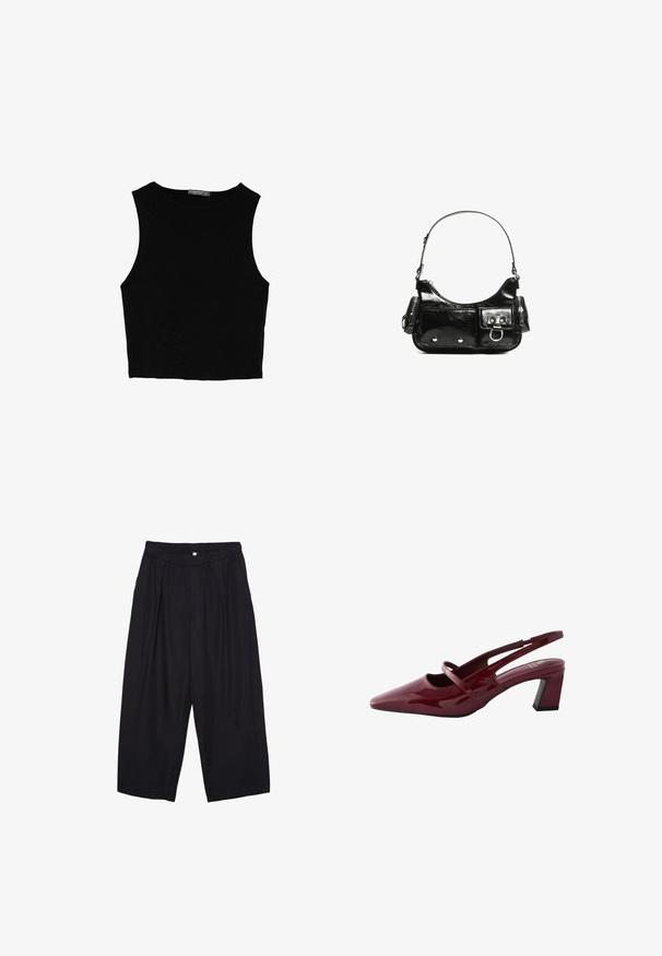 Top corto senza maniche nero realizzato in tessuto liscio, con scollatura rotonda e un design pulito e semplice, privo di pattern o accessori.; Pantaloni culotte neri in poliestere con una cintura elastica, due pieghe frontali e una silhouette ampia. Nessun motivo visibile o dettagli in metallo.; Next FOREVER COMFORT SQUARE TOE - REGULAR FIT - Decolleté - red; Borsa a spalla in vernice nera con forma curvata, una tracolla, tasche frontali e dettagli in metallo argentato.