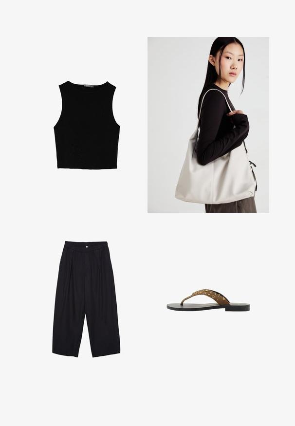 Sort ærmeløs crop top lavet af glat stof, med rund hals og et rent, enkelt design uden mønstre eller hardware.; Sorte polyester culotte bukser med elastisk talje, to forpiber og en løs silhuet. Ingen synlige mønstre eller hardware detaljer.; Brune ruskind flip-flop med en enkelt rem, der har guld-nitter, sort sål, flad design og enkel, minimalistisk form.; Beige håndtaske lavet af blødt materiale med et slouchy design, stikninger og to skulderremme. Velegnet til daglig brug.