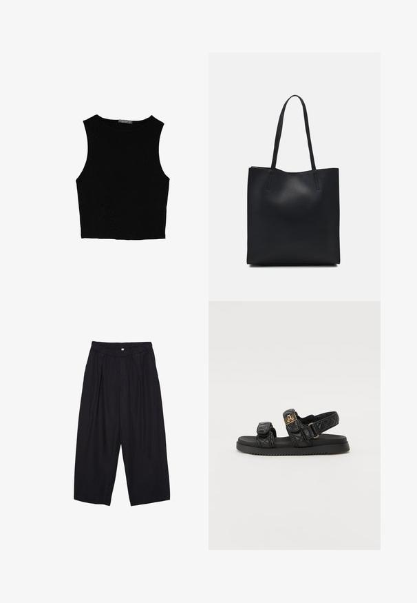 Musta hihaton crop-top, joka on valmistettu sileästä kankaasta, jossa on pyöreä kaula-aukko ja siisti, yksinkertainen muotoilu ilman kuvioita tai varusteita.; Musta polyesterinen culotte-housut, jossa on joustava vyötärö, kaksi etupleettiä ja löysä siluetti. Ei näkyviä kuvioita tai metallisia yksityiskohtia.; Mustat vuoratut sandaalit, joissa on kaksi säädettävää remmiä, kultaiset yksityiskohdat ja teksturoitu musta pohja. Tyylikäs ja nykyaikainen muotoilu.; Mustapahkainen kangaskassi, jossa on sileä pinta, suorakaiteen muotoinen ja kaksi pitkää kahvaa. Ei näkyvää metalliosaa tai koristeita.