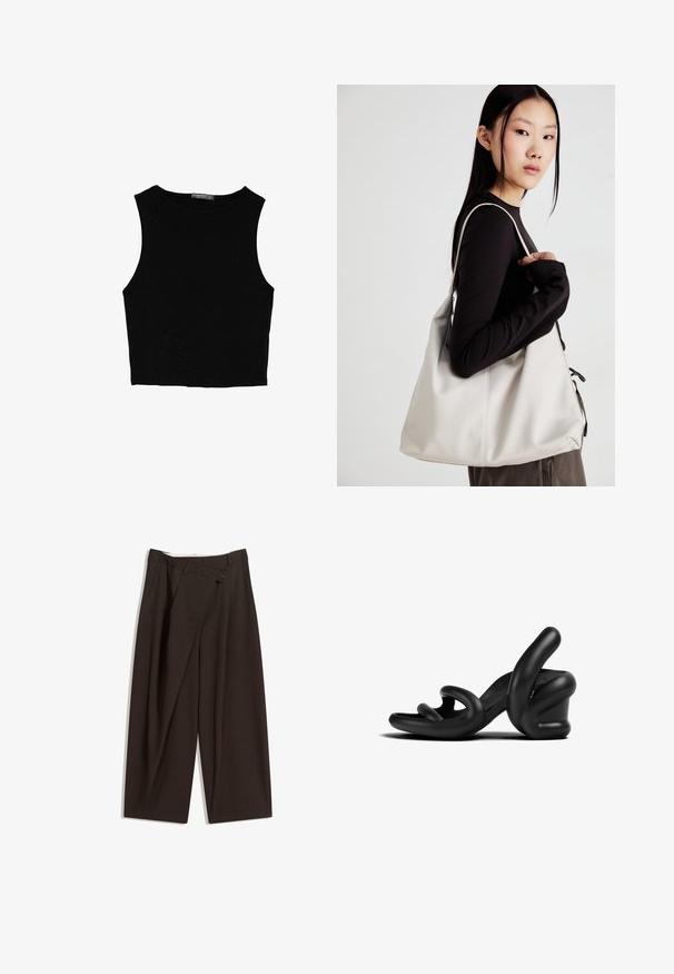 Czarny bezrękawnik crop top z gładkiego materiału, z okrągłym dekoltem i czystym, prostym wzornictwem, bez wzorów czy metalowych elementów.; Ciemnobrązowe szerokie spodnie o wysokim stanie, z pojedynczym zapięciem na guzik i plisowanym przodem. Wykonane z lekkiego materiału.; Czarne sandały na wysokim obcasie z rzeźbiarskim gumowym wzornictwem. Posiadają zakrzywione paski i masywny obcas. Gładka matowa tekstura.; Beżowa torebka wykonana z miękkiego materiału, charakteryzująca się luźnym fasonem, wyszywanymi detalami i dwoma uchwytami na ramię. Idealna na co dzień.