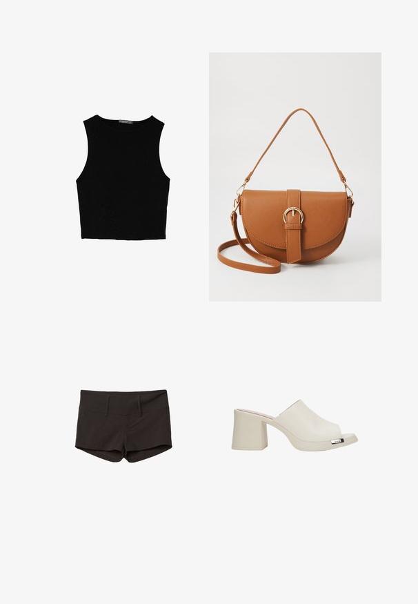 Top court sans manches noir en tissu lisse, avec un col rond et un design épuré, simple, sans motifs ni accessoires.; Shorts en coton noir au design ajusté, avec une texture douce et deux poches à l'avant. Taille mi-haute et sans motifs visibles.; Mule beige à bout ouvert avec une finition brillante, un talon carré et un accent métallique ; texture lisse avec un design minimaliste.; Sac bandoulière en cuir marron avec une forme incurvée, quincaillerie dorée et un accent en boucle. Comprend une bandoulière détachable.