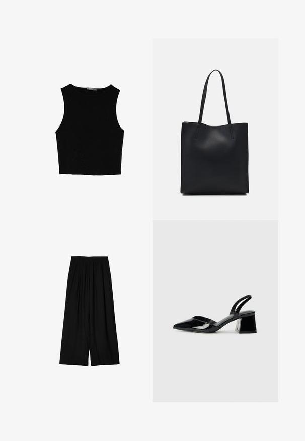 Černý bezsleeve crop top vyrobený z hladké tkaniny, s kulatým výstřihem a čistým, jednoduchým designem bez vzorů nebo kovových doplňků.; Černé kalhoty širokého střihu vyrobené z lehkého materiálu, se elastickým pasem a měkkou, zmačkanou texturou. Délka ke kotníkům.; Černé lakované kožené lodičky na pásku s špičatou špičkou a geometrickým blokovým podpatkem. Vyznačují se elegantním, minimalistickým designem a hladkým povrchem.; Černá kožená taška přes rameno s hladkým povrchem, obdélníkovým tvarem a dvěma dlouhými uchy. Žádné viditelné kování ani ozdoby.