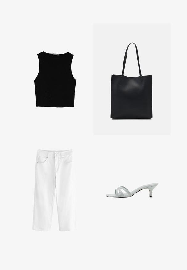 Black sleeveless crop top made of smooth fabric, featuring a round neck and a clean, simple design without patterns or hardware.; White denim culottes with a relaxed fit, two front pockets, and a button closure. Textured material with stitched seams.; Light gray heeled sandals with three crisscross straps, a slim profile, and a tapered heel. Smooth texture with a slightly shiny finish.; Black leather tote bag with smooth texture, rectangular shape, and two long handles. No visible hardware or embellishments.