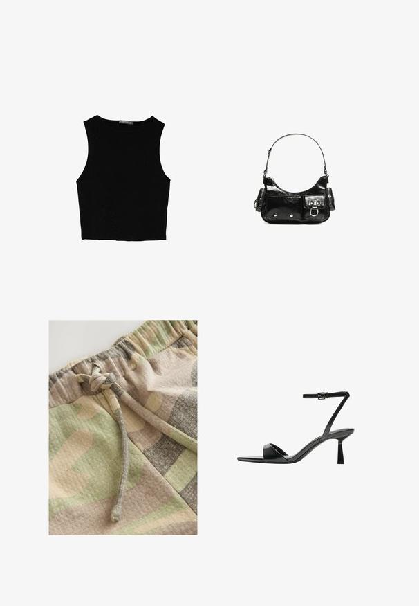 Schwarzes ärmelloses Crop-Top aus glattem Stoff, mit rundem Ausschnitt und einem klaren, schlichten Design ohne Muster oder Beschläge.; Tarnmuster-Shorts in einer Mischung aus grünen, beigen und grauen Farbtönen. Mit elastischem Bund und Kordelzug für eine verstellbare Passform.; Bershka High Heel Sandalette - black; Schwarze Lackleder-Handtasche mit geschwungenem Design, einem Schulterriemen, Vordertaschen und silberfarbenen Hardware-Akzenten.