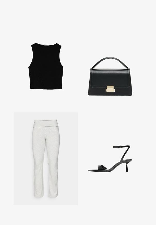 Schwarzes ärmelloses Crop-Top aus glattem Stoff, mit rundem Ausschnitt und einem klaren, schlichten Design ohne Muster oder Beschläge.; ONLY Play ONPFOLD LIFE JAZZ - Tights - light grey; Bershka High Heel Sandalette - black; Schwarze Lederhandtasche mit strukturiertem Design, oberem Griff und einem goldenen Metallschnappverschluss auf der Vorderseite. Glatte Textur, minimale Nähte.