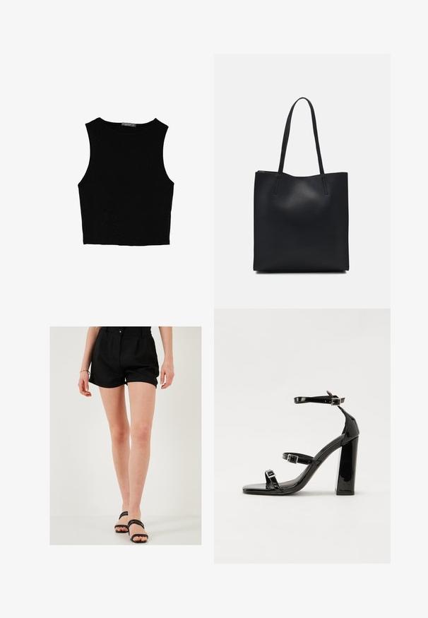 Črn brez rokavov crop top, izdelan iz gladkega materiala, z okroglim izrezom in čistim, preprostim dizajnom brez vzorcev ali dodatkov.; Črne lanene kratke hlače s krojem po meri, ki imajo sprednje naborke in en gumb za zapiranje. Ujemajo se s črnimi natikači.; Črne lakirane sandale s peto, kvadratnim prstom, trakovi okrog gležnja in srebrnimi zaponkami. Opremljene so s stabilno Debelo peto.; Črna usnjena torba s svilnato teksturo, pravokotne oblike in dvema dolgima ročajema. Brez vidnih metalnih delov ali okrasnih elementov.