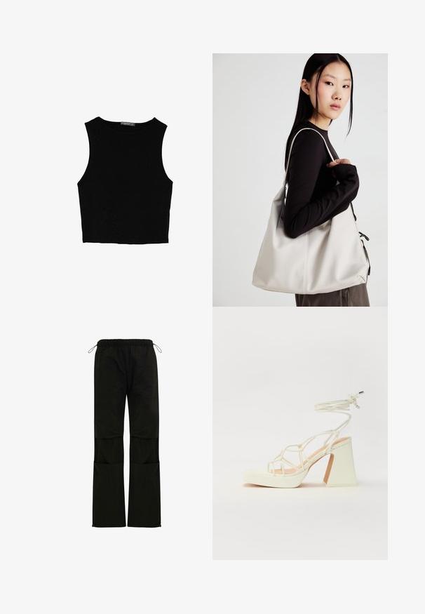 Top corto senza maniche nero realizzato in tessuto liscio, con scollatura rotonda e un design pulito e semplice, privo di pattern o accessori.; Pantaloni neri leggeri con vita elastica, regolazioni con cordini, tasche laterali e taglio dritto. Texture liscia.; Sandalo bianco con tacco alto, caratterizzato da un design a cinturini e un legaccio alla caviglia. Texture liscia con una piattaforma frontale per un'altezza aggiuntiva.; Borsa a mano beige realizzata in materiale morbido, caratterizzata da un design morbido, dettagli cuciti e due manici. Adatta per l'uso quotidiano.