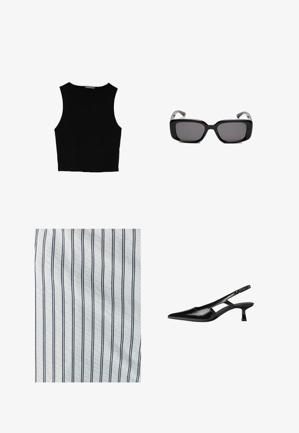 Black sleeveless crop top made of smooth fabric, featuring a round neck and a clean, simple design without patterns or hardware.; Cotton fabric with vertical white and dark blue stripes. The texture is smooth, featuring consistent spacing between the lines.; Black patent leather slingback heels with a pointed toe, cut-out side design, and a small square heel. Smooth texture with minimal accents.; Black rectangular sunglasses with dark lenses, smooth plastic frame, and curved temples. The design is chunky with a minimalist aesthetic.
