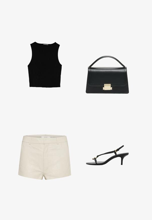 Černý bezsleeve crop top vyrobený z hladké tkaniny, s kulatým výstřihem a čistým, jednoduchým designem bez vzorů nebo kovových doplňků.; Béžové kožené šortky s hladkým povrchem, mají dobře padnoucí pas, poutka na opasek a jemné přední prošívání. Jednoduchý, moderní design.; Černé kožené sandály na kotníkovém podpatku s tenkými pásky, zlatou sponou a minimalistickým provlečením na prstech na bílém pozadí.; Černá kožená kabelka se strukturovaným designem, horním uchopením a zlatým kovovým zapínáním na přední straně. Hladký povrch, minimální švy.