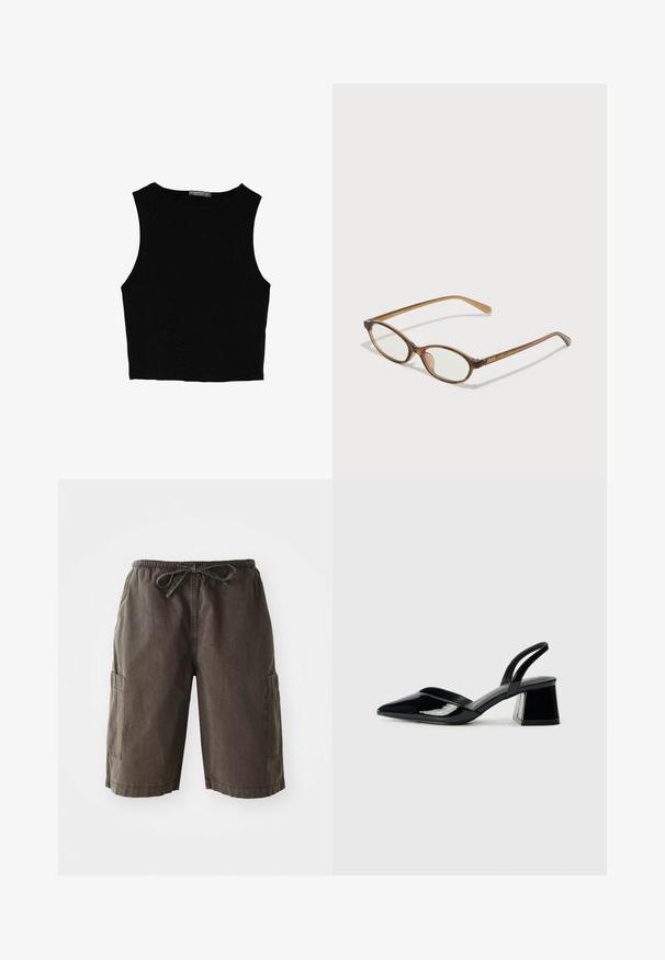 Sort ærmeløs crop top lavet af glat stof, med rund hals og et rent, enkelt design uden mønstre eller hardware.; Cargo shorts i mørkegrå stof, med en elastisk talje og snørre, sidelommer og en afslappet pasform. Holdbart materiale.; Sorte patentlæder slingback hæle med spids tå og en geometrisk blok hæl. Har et elegant, minimalistisk design og en glat tekstur.; Brune skildpaddemønstrede briller med ovale linser, tynde arme og gennemsigtige accenter. Har et diskret logo på stangen. Slankt, let design.