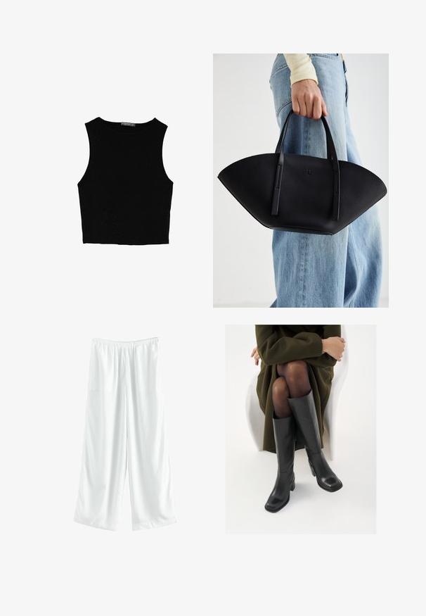 Czarny bezrękawnik crop top z gładkiego materiału, z okrągłym dekoltem i czystym, prostym wzornictwem, bez wzorów czy metalowych elementów.; Białe spodnie szerokie nogawki z elastycznym pasem, wykonane z gładkiego materiału, charakteryzujące się luźnym fasonem i brakiem widocznych wzorów lub akcentów.; Kozaki skórzane do kolan w kolorze czarnym, z kwadratowym noskiem i słupkowym obcasem, pokazane na modelce siedzącej w oliwkowej zielonej kurtce. Gładka tekstura, minimalne detale.; Czarna skórzana torebka w unikalnym kształcie wachlarza, z płaskimi uchwytami. Powierzchnia ma fakturę kamyków i minimalistyczny design.
