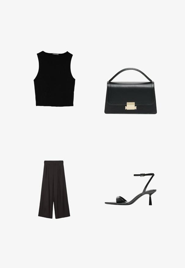 Black sleeveless crop top made of smooth fabric, featuring a round neck and a clean, simple design without patterns or hardware.; Black wide-leg trousers with pleated front design, made from smooth fabric. Features a high waist and relaxed, flowy silhouette.; Bershka High heeled sandals - black; Black leather handbag with a structured design, top handle, and a gold metal clasp detail on the front. Smooth texture, minimal stitching.