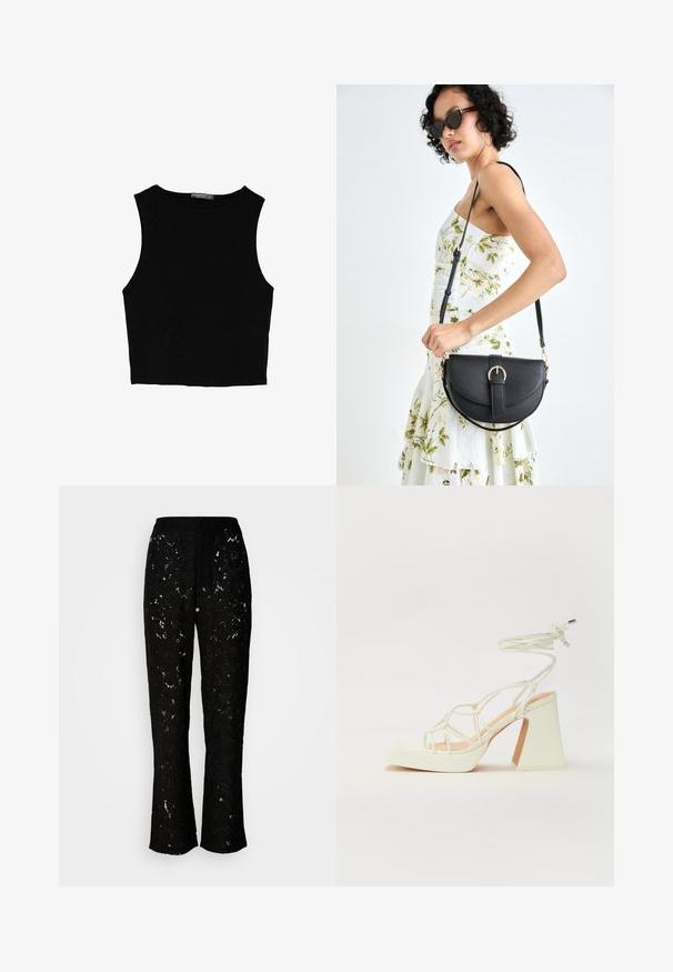 Musta hihaton crop-top, joka on valmistettu sileästä kankaasta, jossa on pyöreä kaula-aukko ja siisti, yksinkertainen muotoilu ilman kuvioita tai varusteita.; Mustat pitsihousut, joissa on kukkakuosi, leveälahkeinen malli ja sileä rakenne. Varusteena vyötärö ja ilmava siluetti.; Valkoinen korkokenkä, jossa on paksu korko, ja joka sisältää nauhakiinnityksen ja nilkkaketjun. Sujuva pinta, jossa on platform-etupohja lisäkorkeutta varten.; Musta nahkainen käsilaukku, joka on kaareva muotoilultaan, irrotettavalla hihnalla ja kultaisilla yksityiskohdilla. Laukussa on läppä, jossa on solk yksityiskohta.