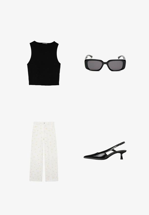 Black sleeveless crop top made of smooth fabric, featuring a round neck and a clean, simple design without patterns or hardware.; White wide-leg pants made of denim, featuring an all-over light orange floral pattern and front pockets. Buttons at the waist for closure.; Black patent leather slingback heels with a pointed toe, cut-out side design, and a small square heel. Smooth texture with minimal accents.; Black rectangular sunglasses with dark lenses, smooth plastic frame, and curved temples. The design is chunky with a minimalist aesthetic.