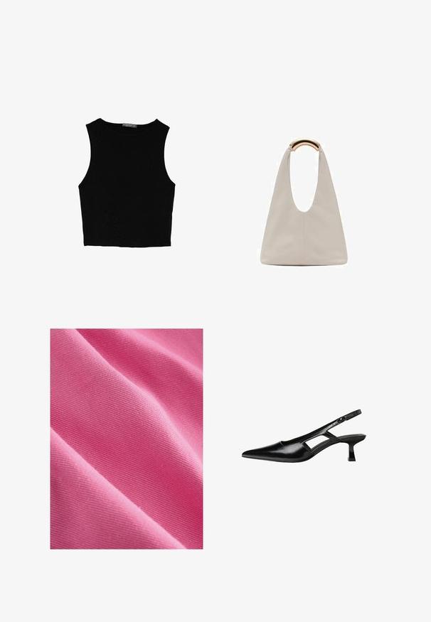 Črn brez rokavov crop top, izdelan iz gladkega materiala, z okroglim izrezom in čistim, preprostim dizajnom brez vzorcev ali dodatkov.; Roza bombažna tkanina z gladko teksturo, ki prikazuje diagonalni pregib, ki razkriva vzorec tkanja in enotno obarvanost po celotni površini.; Črne patentični usnjeni salonarji s slingback designom, z zašiljenim nosom, izrezanim stranskim dizajnom in majhnim kvadratnim peto. Gladka tekstura z minimalnimi detajli.; Svetlo siva usnjena torba z U-oblika zasnovo in ukrivljenim kovinskim ročajem. Gladka tekstura z minimalnim šivom in brez vidnih vzorcev.