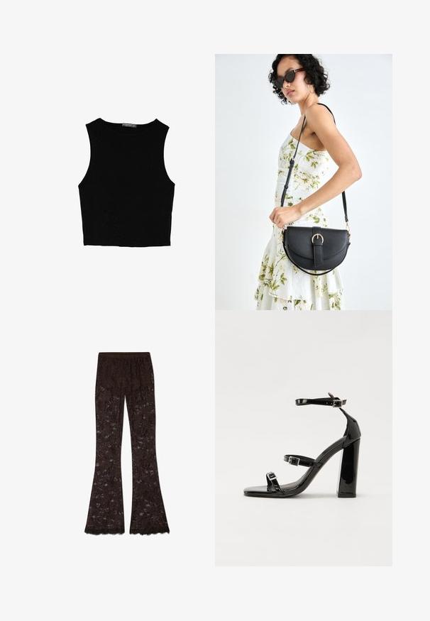 Čierny bezrukávový crop top vyrobený z hladkej tkaniny, so zaobleným výstrihom a čistým, jednoduchým dizajnom bez vzorov alebo kovania.; Hnedé krajkové nohavice s rozšírenými nohavicami a kvetinovým vzorom, s textúrovaným finišom a strapcovým lemom na spodnej časti. Elastický pás.; Čierne lakované sandále na podpätku so štvorcovou špičkou, navlečenými remienkami okolo členku a striebornými prackami. Disponujú masívnym blokovým podpätkom pre stabilitu.; Čierna kožená kabelka s zaobleným tvarom, odnímateľným popruhom a zlatými doplnkami. Kabelka má klopu s detailom s prackou.