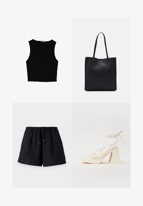 Black sleeveless crop top made of smooth fabric, featuring a round neck and a clean, simple design without patterns or hardware.; Black cotton shorts with a textured, crinkled finish. Features an elastic waistband and adjustable drawstring for comfort and fit.; White high-heeled sandal with a chunky heel, featuring a strappy design and ankle tie. Smooth texture with a platform front for added height.; Black leather tote bag with smooth texture, rectangular shape, and two long handles. No visible hardware or embellishments.