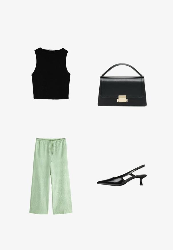 Musta hihaton crop-top, joka on valmistettu sileästä kankaasta, jossa on pyöreä kaula-aukko ja siisti, yksinkertainen muotoilu ilman kuvioita tai varusteita.; Next TEXTURED STRIPE WIDE LEG PETITE - Housut - green; Mustat lakatut nahkakengät, joissa on viistopää, leikattu sivusuunnassa ja pieni neliökoroke. Sujuva pinta, jossa on minimaalinen koristelu.; Musta nahkakäsilaukku, jossa on jämäkkä muotoilu, yläkahva ja kultainen metallisolki edessä. Sujuva pinta, minimaalinen ompelu.