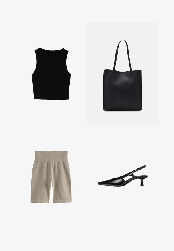 Čierny bezrukávový crop top vyrobený z hladkej tkaniny, so zaobleným výstrihom a čistým, jednoduchým dizajnom bez vzorov alebo kovania.; Svetlo béžové rebrované bikerské šortky s vysokým pásom a mäkkou textúrou, s priliehavým strihom a dĺžkou po kolená.; Čierne lakované kožené lodičky na podpätku s špicatou špičkou, výrezovým dizajnom na boku a malým štvorcovým podpätkom. Hladký povrch s minimálnymi akcentmi.; Čierna kožená taška na rameno s hladkým povrchom, obdĺžnikovým tvarom a dvoma dlhými uchami. Bez viditeľného kovania alebo ozdôb.