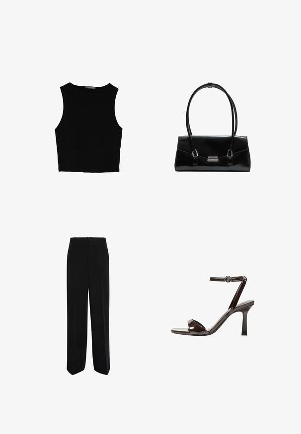 Črn brez rokavov crop top, izdelan iz gladkega materiala, z okroglim izrezom in čistim, preprostim dizajnom brez vzorcev ali dodatkov.; Črne široke hlače iz gladkega materiala, z visokim pasom in ravnim sprednjim delom, brez žepov ali okrasnih elementov.; Rjave visokosprti sandali iz pateniranega usnja z zaponko okoli gležnja, odprto konico in eleganten, minimalističen dizajn. Imajo kvadratno peto.; Črna usnjena torbica z elegantno, pravokotno obliko. Ima gladko teksturo, dve ročici in srebrno zaklepanje.