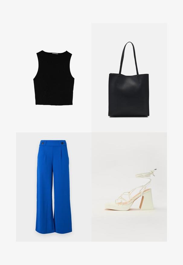 Top corto senza maniche nero realizzato in tessuto liscio, con scollatura rotonda e un design pulito e semplice, privo di pattern o accessori.; Pantaloni a gamba larga in tessuto blu brillante, dotati di una vita su misura con due bottoni neri e pieghe frontali. Texture morbida, senza motivi visibili.; Sandalo bianco con tacco alto, caratterizzato da un design a cinturini e un legaccio alla caviglia. Texture liscia con una piattaforma frontale per un'altezza aggiuntiva.; Borsa tote in pelle nera con texture liscia, forma rettangolare e due manici lunghi. Nessun hardware o decorazione visibile.