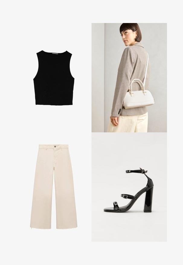 Černý bezsleeve crop top vyrobený z hladké tkaniny, s kulatým výstřihem a čistým, jednoduchým designem bez vzorů nebo kovových doplňků.; Široké kalhoty v jemné béžové barvě z bavlny, s knoflíkovým zapínáním, s jemně třepenými lemy a volným střihem.; Černé lakované sandály na podpatku se čtveratou špičkou, lýtkovými pásky a stříbrnými přezkami. Disponují masivním blokovým podpatkem pro stabilitu.; Bílá strukturovaná kabelka s krátkými uchy a ramenním popruhem, zdobená zlatými kovovými prvky a texturovaným materiálem, vystavená na šedém pozadí.