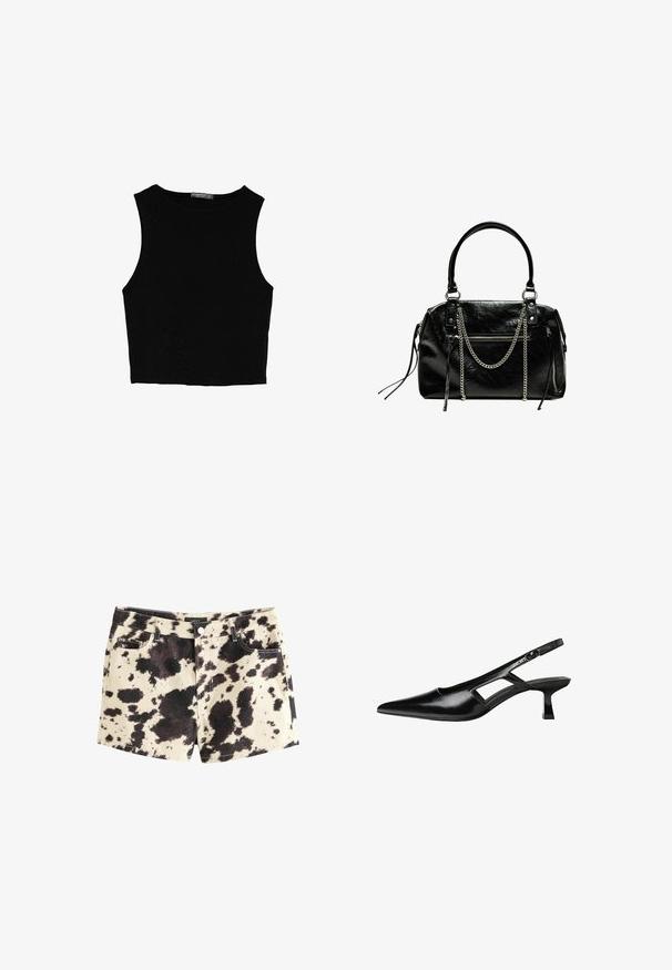 Musta hihaton crop-top, joka on valmistettu sileästä kankaasta, jossa on pyöreä kaula-aukko ja siisti, yksinkertainen muotoilu ilman kuvioita tai varusteita.; Farkut shortsit, joissa on beige pohja ja musta-ruskea lehmäkuvio. Ominaisuuksiin kuuluvat viisi taskua, metallinappikiinnitys ja kontrastivärinen ommel.; Mustat lakatut nahkakengät, joissa on viistopää, leikattu sivusuunnassa ja pieni neliökoroke. Sujuva pinta, jossa on minimaalinen koristelu.; Bershka WITH CHAIN - Käsilaukku - black