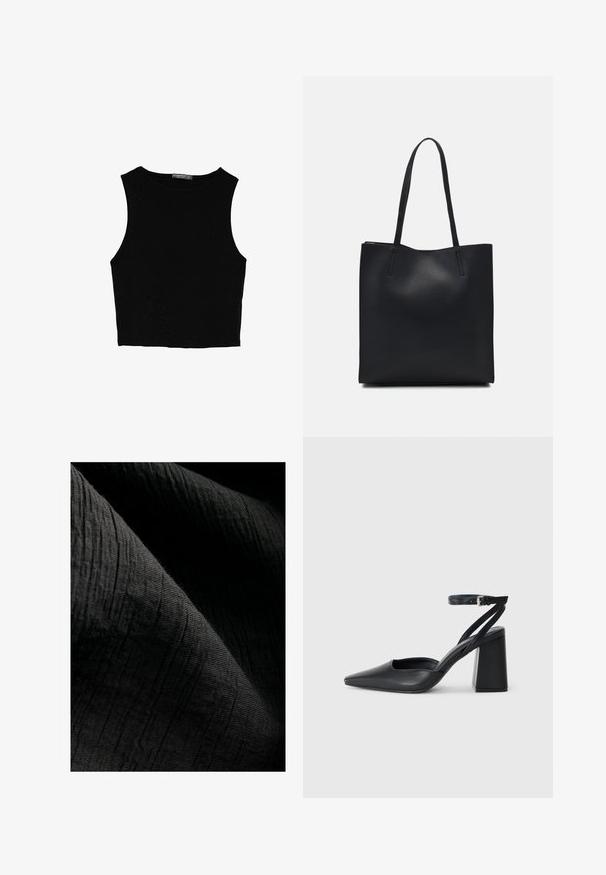 Top court sans manches noir en tissu lisse, avec un col rond et un design épuré, simple, sans motifs ni accessoires.; Tissu noir texturé avec un motif côtelé subtil, légèrement réfléchissant, tombant en plis qui accentuent sa profondeur et sa qualité tactile.; Escarpin noir en cuir à bout pointu avec une bride de cheville et un talon épais. Texture lisse, design élégant et esthétique minimaliste.; Sac fourre-tout en cuir noir avec une texture lisse, de forme rectangulaire et deux longues poignées. Pas de matériel ou d'ornementations visibles.