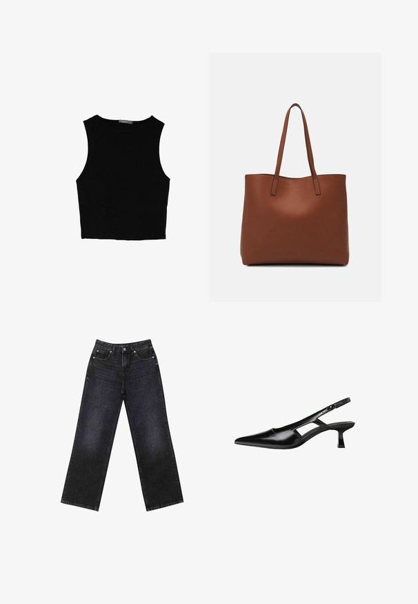 Musta hihaton crop-top, joka on valmistettu sileästä kankaasta, jossa on pyöreä kaula-aukko ja siisti, yksinkertainen muotoilu ilman kuvioita tai varusteita.; Korkeavyötäröiset mustat farkut, joissa on leveä lahje, viisi taskua ja näkyvät tikkaukset. Kangas on sileä, hieman teksturoitu pinnaltaan.; Mustat lakatut nahkakengät, joissa on viistopää, leikattu sivusuunnassa ja pieni neliökoroke. Sujuva pinta, jossa on minimaalinen koristelu.; Ruskea nahkainen olkalaukku, jossa on sileä pinta, avoin yläosa ja kaksi olkahihnaa. Omaavat vain minimaalisen ompelun eikä näkyvää metalliosaa.