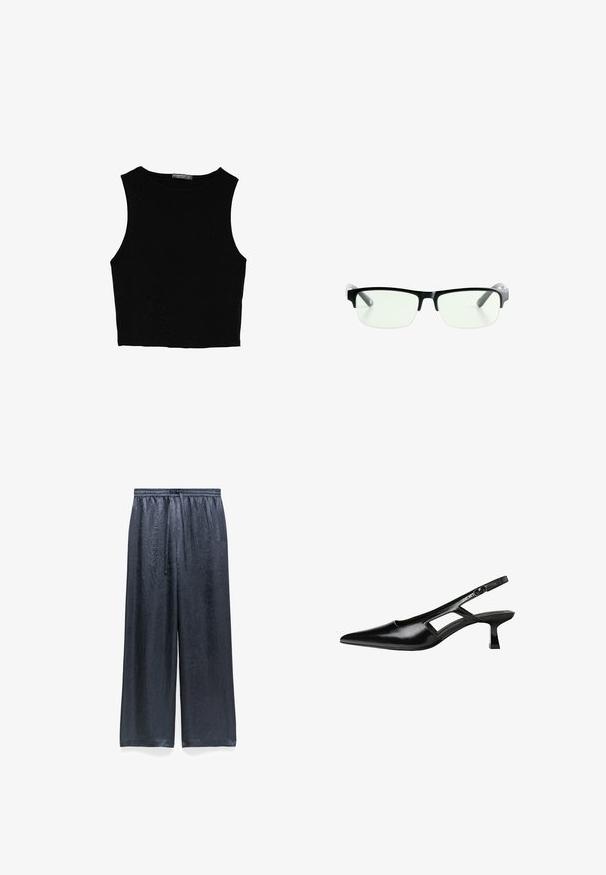 Svart ärmlös crop top i mjukt tyg, med rund hals och en ren, enkel design utan mönster eller detaljer.; Bredbenta byxor i strukturerad, glänsande svart tyg. Har en elastisk midja med dragsnöre och en avslappnad passform.; Svart lackläder slingback-klackar med spetsig tå, utskuren sidor och en liten fyrkantig klack. Slät textur med minimala accenter.; Svarta rektangulära glasögon med klara linser, med eleganta svarta bågar och grå genomskinliga tempelspetsar. Minimalistisk design, utan synlig varumärkeslogotyp.
