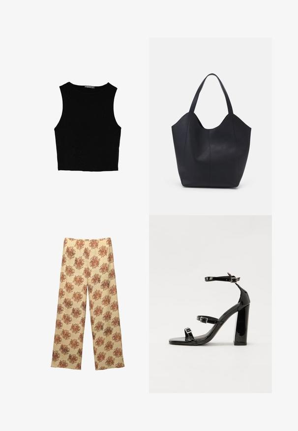 Schwarzes ärmelloses Crop-Top aus glattem Stoff, mit rundem Ausschnitt und einem klaren, schlichten Design ohne Muster oder Beschläge.; Weit geschnittene Hosen aus weichem Stoff mit einem beigen Hintergrund und einem wiederholten rostfarbenen Blumenmuster. Elastischer Bund für zusätzlichen Komfort.; Schwarze patentierte Sandalen mit Absatz, quadratischer Spitze, Knöchelriemen und silbernen Schnallen. Mit einem stabilen Blockabsatz für mehr Stabilität.; Schwarze Tote-Bag aus glattem Leder, mit einem abgerundeten, offenen Oberteil, zwei Schulterträgern und einem minimalistischen Design.