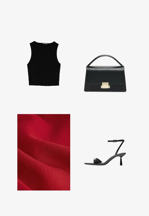 Top court sans manches noir en tissu lisse, avec un col rond et un design épuré, simple, sans motifs ni accessoires.; Tissu rouge avec une texture lisse, présentant un tissage fin et un léger éclat, affichant de douces plis et contours.; Bershka Sandales à talons hauts - black; Sac à main en cuir noir au design structuré, avec une poignée supérieure et un détail de fermoir en métal doré à l'avant. Texture lisse, couture minimale.