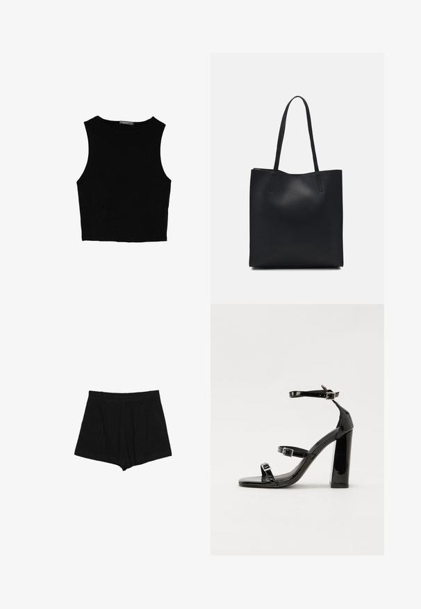 Černý bezsleeve crop top vyrobený z hladké tkaniny, s kulatým výstřihem a čistým, jednoduchým designem bez vzorů nebo kovových doplňků.; Černé šortky vyrobené z texturované látky, s plisovaným designem, středním pasem a rovnym střihem bez viditelných zapínání.; Černé lakované sandály na podpatku se čtveratou špičkou, lýtkovými pásky a stříbrnými přezkami. Disponují masivním blokovým podpatkem pro stabilitu.; Černá kožená taška přes rameno s hladkým povrchem, obdélníkovým tvarem a dvěma dlouhými uchy. Žádné viditelné kování ani ozdoby.